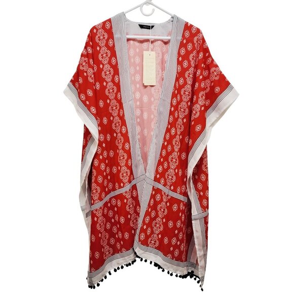 Dokotoo Sweaters - Red & White Printed Kimono Cardigan With Tassel Hem Womens One Size